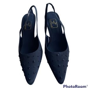 The Touch of Nina 6M Beaded Black Sling Back Kitten Heels